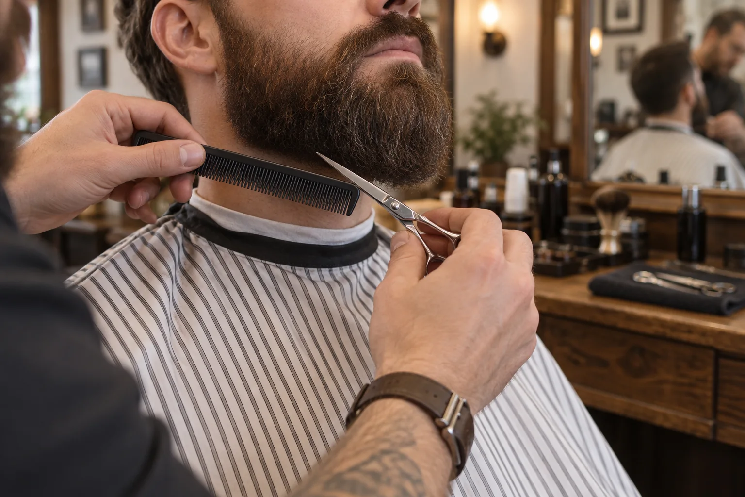 Barber using comb and scissors to reshape a full beard
