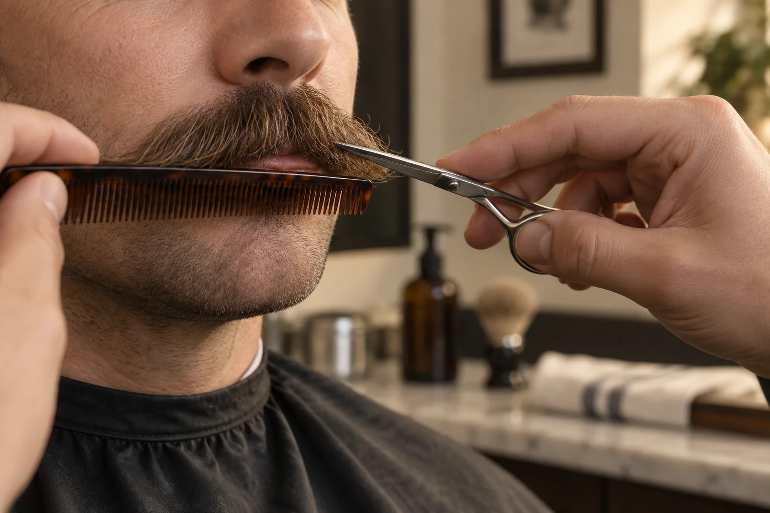 Close view of a moustache being combed and trimmed with small scissors