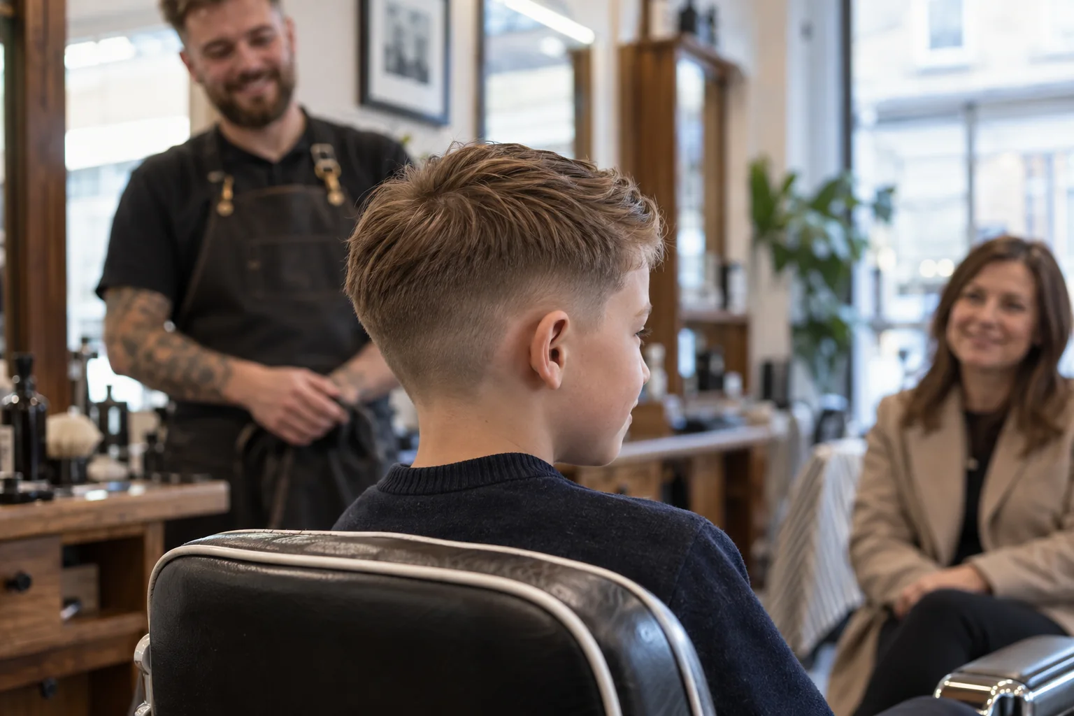 School-age child with a neat short haircut in a calm barbershop